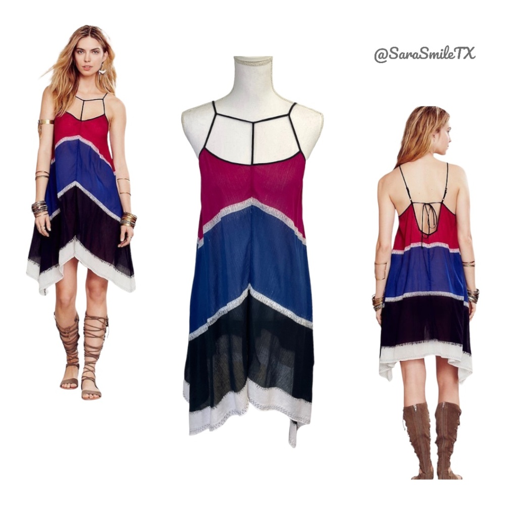 FREE PEOPLE Boho Strappy Color Block Asymmetrical Swing Midi Dress